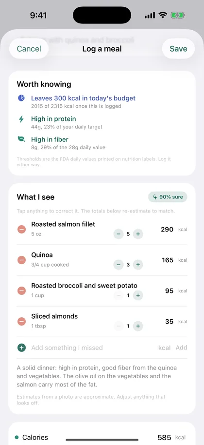 Dayli's meal result: roasted salmon fillet, quinoa, roasted broccoli and sweet potato, and sliced almonds listed with calories and protein, 585 calories in total