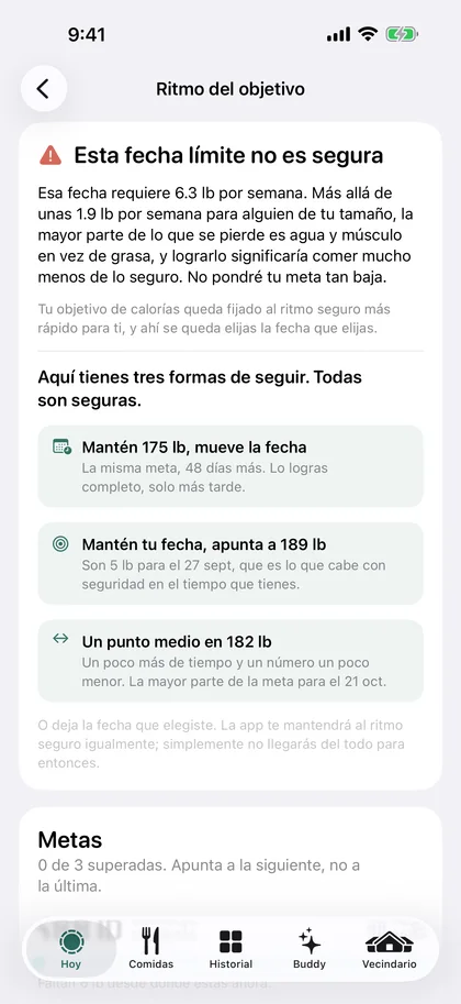 La pantalla de ritmo de Dayli explicando que una meta va demasiado rápido y ofreciendo opciones más seguras