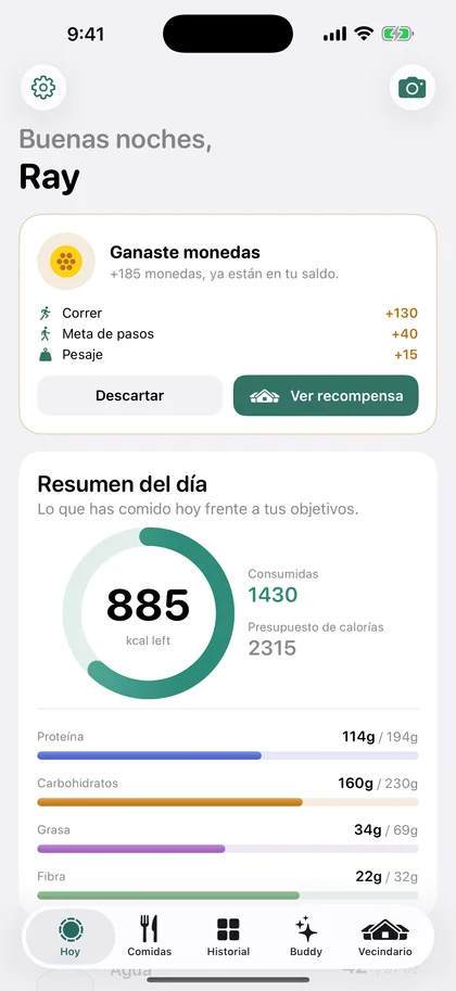 La pantalla Hoy de Dayli con el resumen del día, los macros y el agua