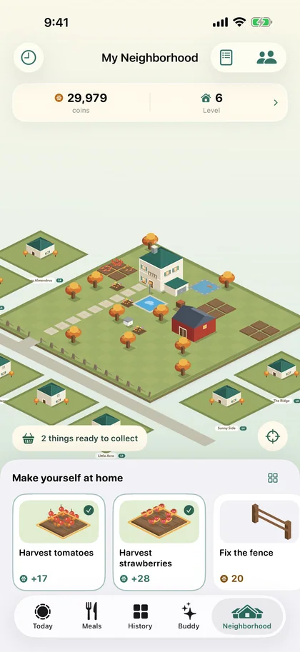 Dayli's isometric neighborhood: a home, a garden with tomatoes and strawberries, trees and a path