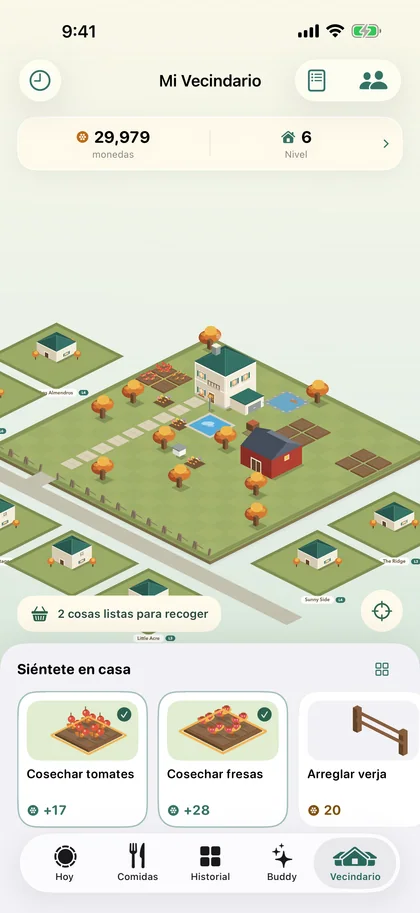 El vecindario isométrico de Dayli: una casa, un jardín con tomates y fresas, árboles y un camino