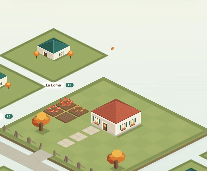 El vecindario isométrico de Dayli: una casa, un jardín con tomates y fresas, árboles y un camino