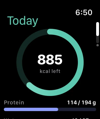 Dayli Health on Apple Watch: the Today screen with 885 kcal left and the protein bar