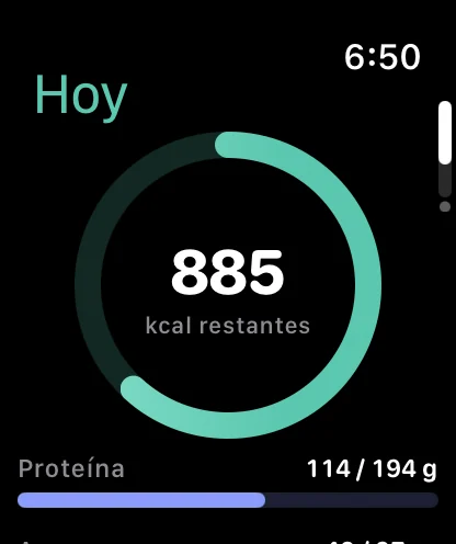 Dayli Health en Apple Watch: la pantalla Hoy con 885 kcal restantes y la barra de proteína