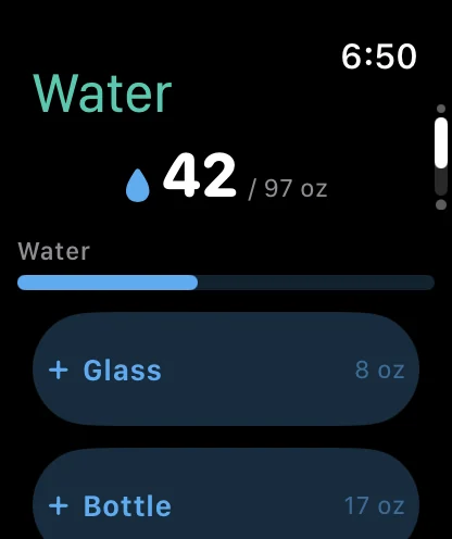 Dayli Health on Apple Watch: the Water screen with 42 of 97 oz and one-tap Glass and Bottle buttons
