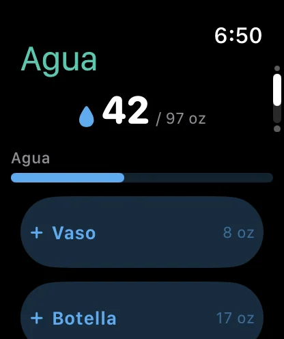 Dayli Health en Apple Watch: la pantalla Agua con 42 de 97 oz y botones de Vaso y Botella de un toque
