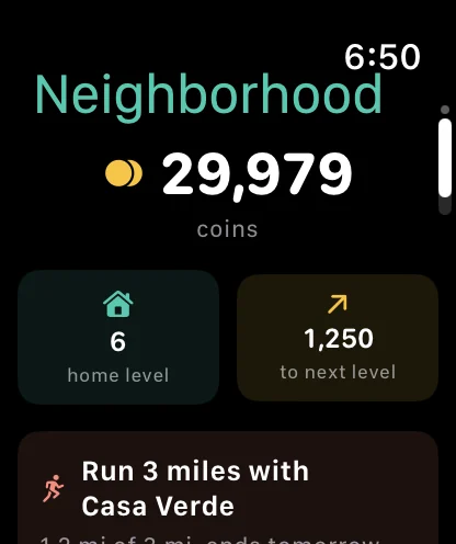 Dayli Health on Apple Watch showing coins, home level and the current challenge
