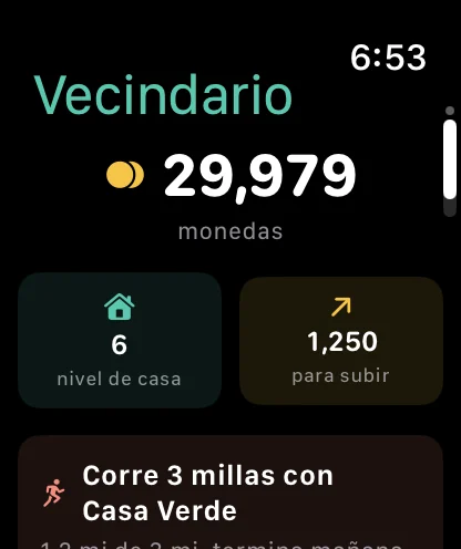 Dayli Health en Apple Watch: la pantalla Vecindario con monedas, nivel de casa y el reto actual
